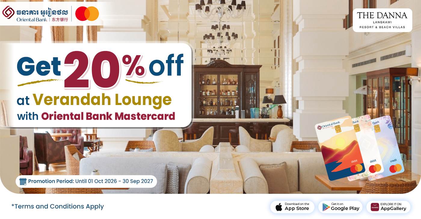 Enjoy curated cocktails & light bites at Verandah Lounge — plus 20% off total food & beverages bill with Oriental Bank Mastercard.
