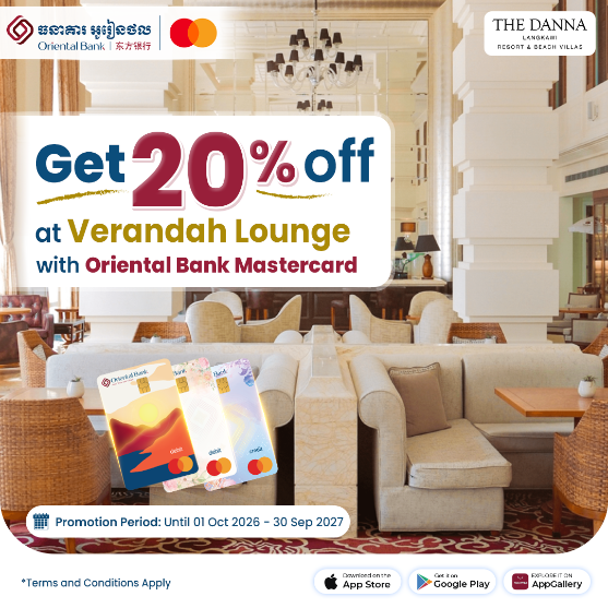 Enjoy curated cocktails & light bites at Verandah Lounge — plus 20% off total food & beverages bill with Oriental Bank Mastercard.